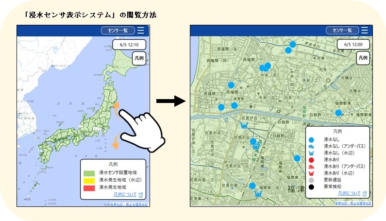 浸水センサ表示システム閲覧方法を図示した画像