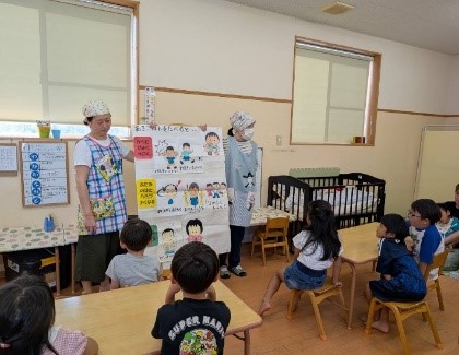 大和保育所 運動会前に食育の話を聞く園児