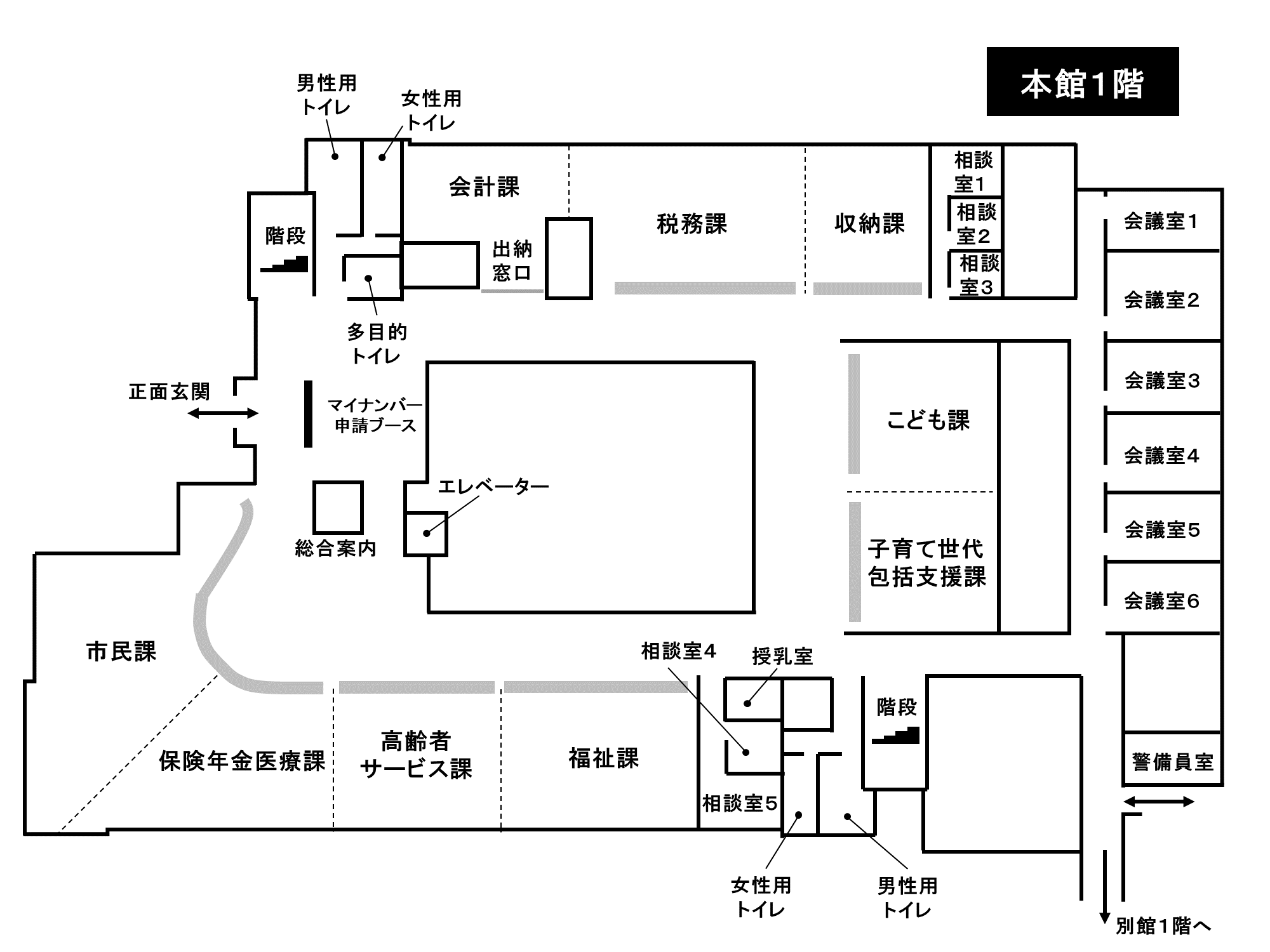 市役所庁舎本館1階の配置図