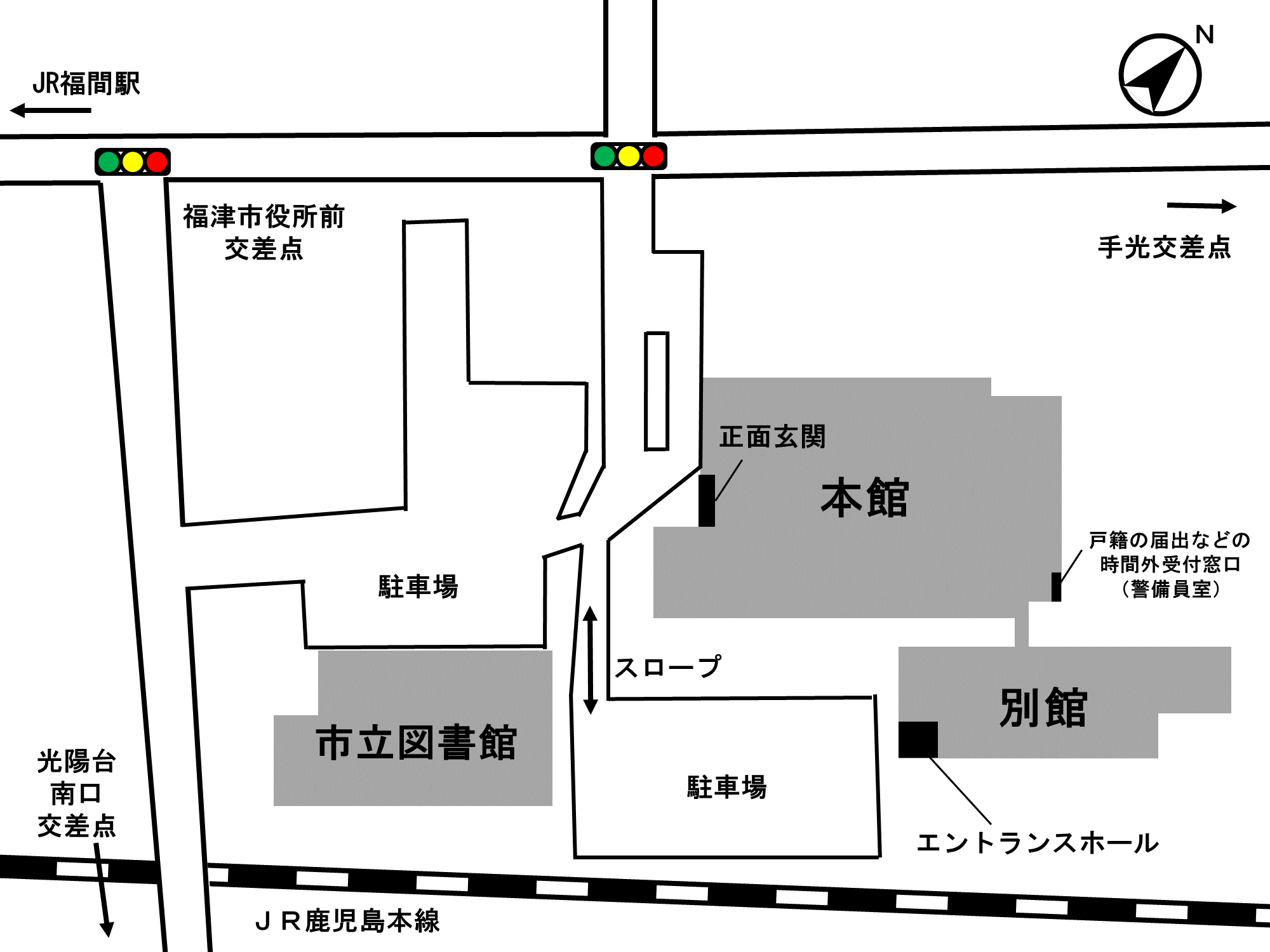 市役所の位置を示した地図