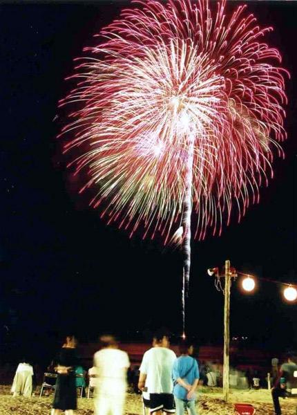 夜空に上がる大輪の花火と見ている多くの観客の写真
