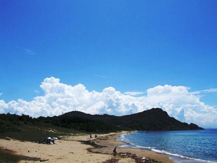岬に白い入道雲がかかった晴天の夏の海岸の写真