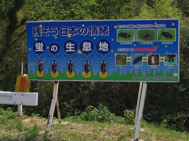 残そう 日本の情緒 蛍の生息地と書かれた看板が水辺の近くに設置されている写真